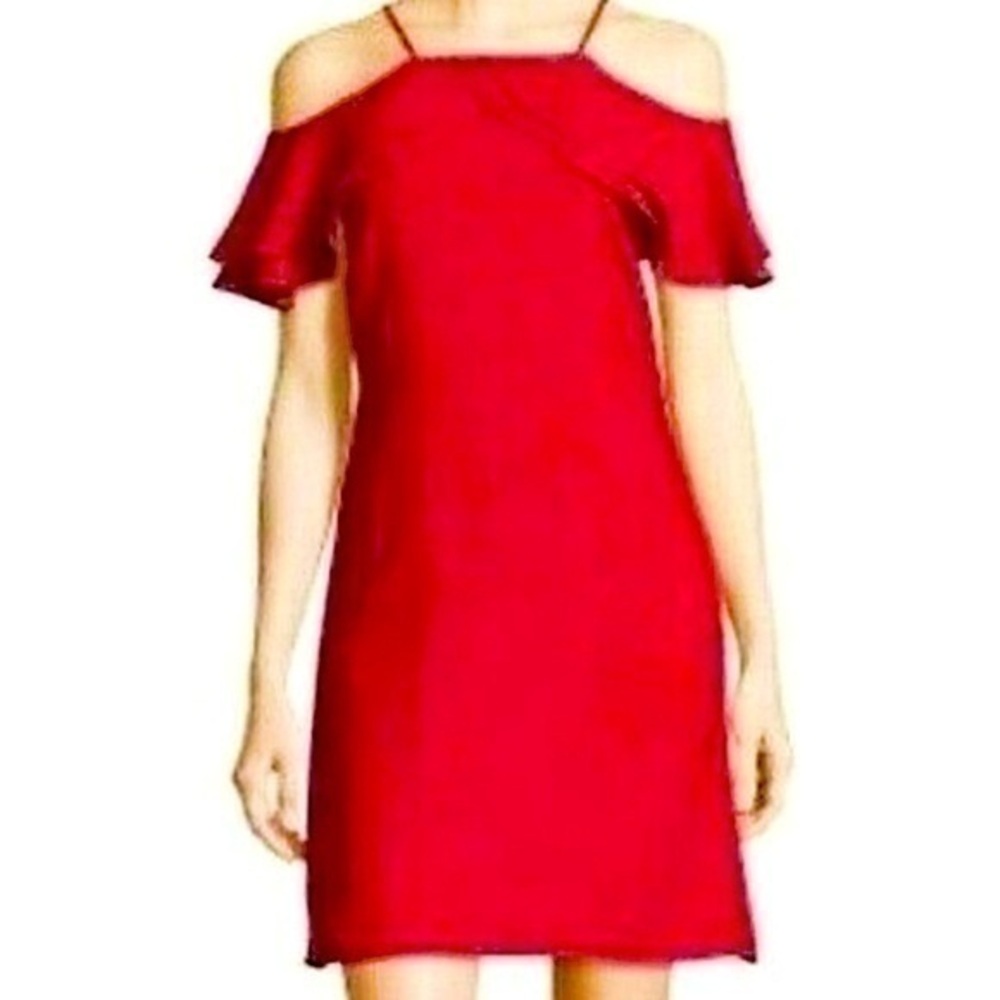 Nicole Miller Cocktail Dress Red Fluttery Cold Shoulder Sleeve